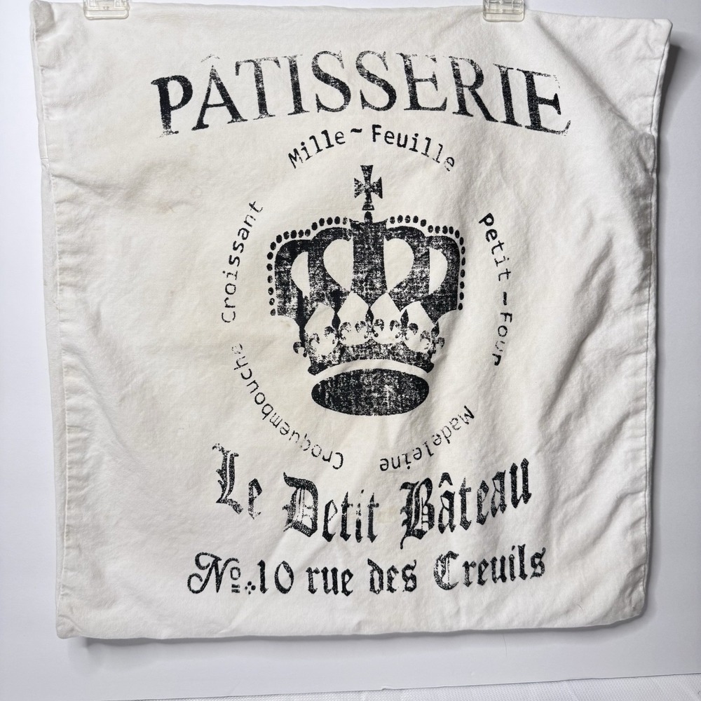 French Patisserie Pillow Cover 22 x 22  Inch Vintage Tan & Black  Cotton Linen